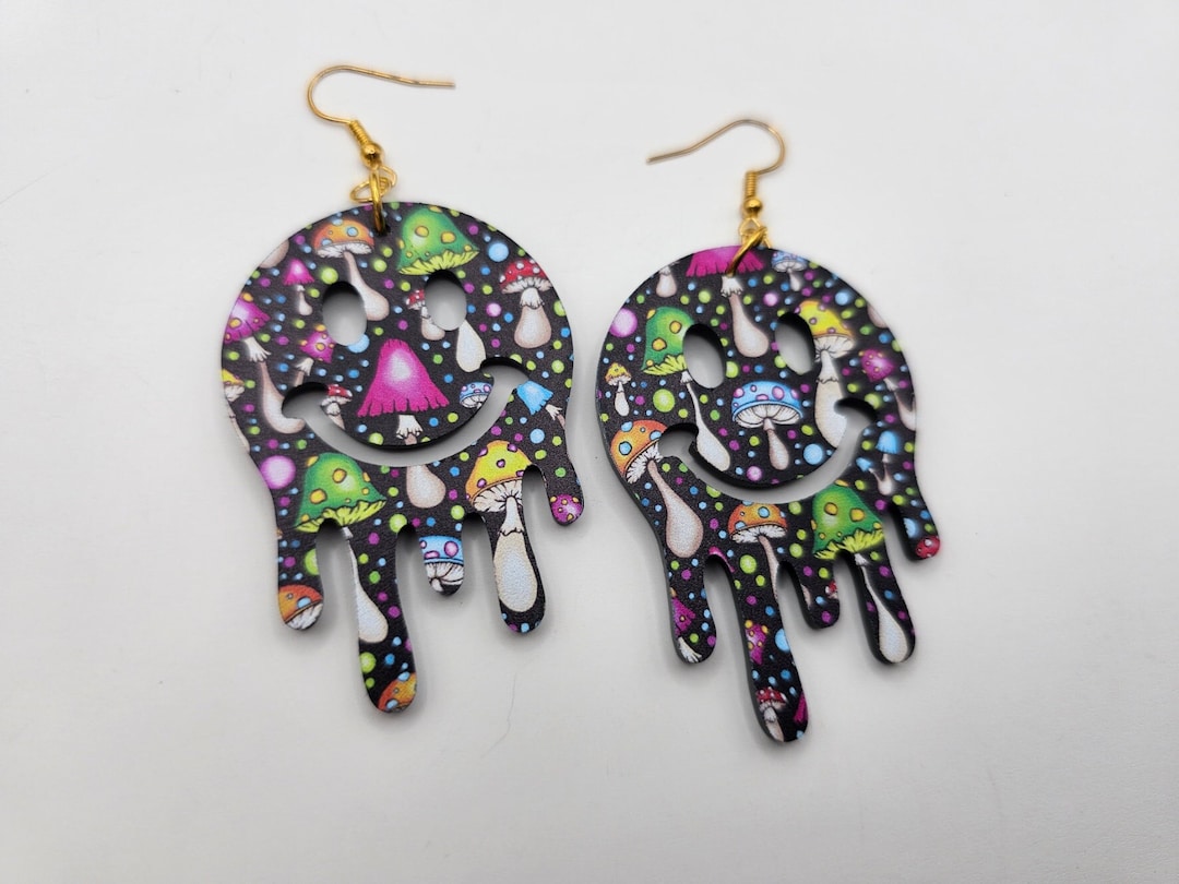 Drippy Happy Face Acrylic Earrings, Trippy Jewelry, Mushroom Earrings