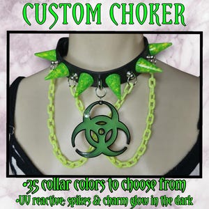 Biohazard Choker, glow in the dark jewelry, uv reactive, custom choker, chain choker, rave accessories, music festival outfit, spiked choker