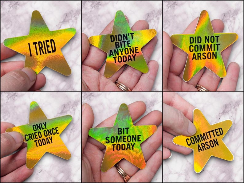 May include: Six iridescent gold star-shaped stickers with different humorous sayings. The sayings are: "I Tried", "Didn't Bite Anyone Today", "Only Cried Once Today", "Bit Someone Today", "Did Not Commit Arson", and "Committed Arson".