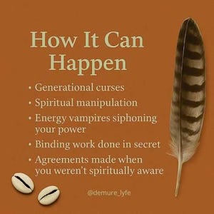 May include: A brown graphic with the text How It Can Happen followed by a list of five points about spiritual topics. To the right is a brown and white striped feather, and in the bottom left corner are two white cowrie shells with black slits.