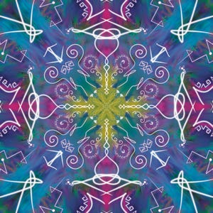 May include: A colourful abstract mandala with a blue, green, and purple background. The mandala is made up of white lines and swirls, creating a geometric pattern.
