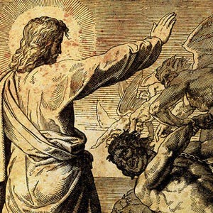 May include: A vintage illustration depicting a scene from the Bible. A man with long hair and a beard, wearing a robe, raises his hand in the air. He is surrounded by other figures, some of whom appear to be angels. In the foreground, a group of figures are chained together, with one figure appearing to be a demon.