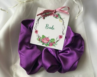 Floral Satin Bridesmaid Favor Scrunchies Set with Personalized Tag and Organza Bag Henna Night Favor Bachelorette Party Favor