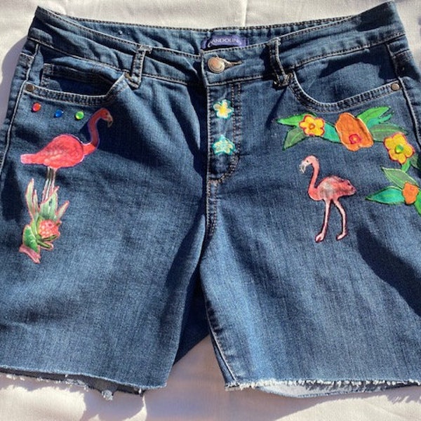 Flamingo-Tropical Cutoffs, Custom Jean Shorts, Custom Cutoffs, Beach Shorts, Embellished Cutoffs, Fun Cutoffs, Daisy Dukes, Girls Weekend