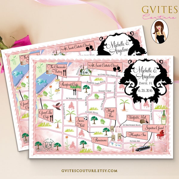 Custom Coral Guava Wedding Maps Any Theme/Style. {Up to 10 Landmarks/Locations}