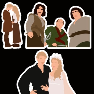 May include: A digital illustration of a group of characters from the movie 'A Knight's Tale'. The characters are depicted in a cartoon style, with the men wearing medieval clothing and the women wearing dresses. The characters are standing in front of a black background.