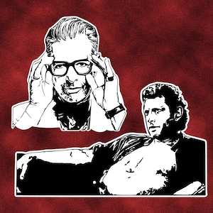 May include: Black and white pop art style illustration of two men on a red background. One man is wearing glasses and touching them with his fingers. The other man is reclining.