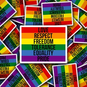 May include: A rainbow-colored sticker with the words "Love, Respect, Freedom, Tolerance, Equality, Pride" in black text.