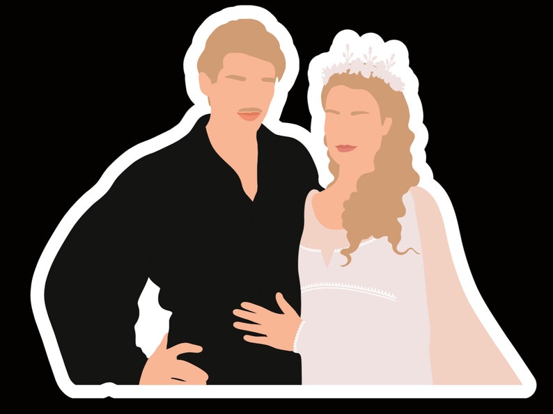 May include: A couple poses for a photo. The woman is wearing a white dress with a floral crown and the man is wearing a black shirt.