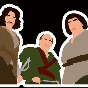 May include: Three men in period clothing, two with brown hair and one with a bald head, looking up at the viewer. The man in the center is wearing a green tunic with a red sash and holding a sword. The man on the left is wearing a brown vest and pants. The man on the right is wearing a brown tunic with a brown belt.