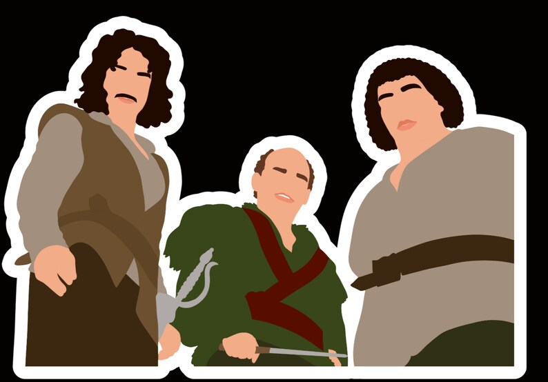 May include: Three men in period clothing, two with brown hair and one with a bald head, looking up at the viewer. The man in the center is wearing a green tunic with a red sash and holding a sword. The man on the left is wearing a brown vest and pants. The man on the right is wearing a brown tunic with a brown belt.