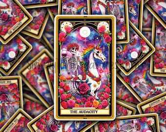 May include: A tarot card featuring a skeleton with a wine glass riding a unicorn with a rainbow mane, surrounded by roses. The card has the text "THE AUDACITY" at the bottom. The background is a colorful, cosmic design.