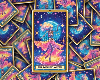 May include: A tarot card with a colorful, psychedelic design. The card features a skeleton figure dancing in a pink and purple dress against a starry background. The text "THE DANCING QUEEN" is printed on the card.