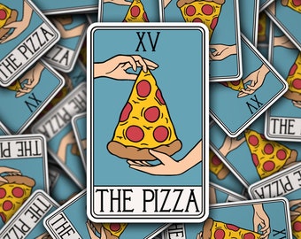 May include: A tarot card with a blue background and a pizza slice with pepperoni and cheese. The card is labeled "XV" and "THE PIZZA".