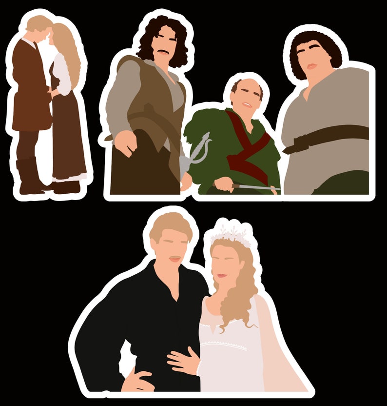 May include: A digital illustration of a group of characters from the movie 'A Knight's Tale'. The characters are depicted in a cartoon style, with the men wearing medieval clothing and the women wearing dresses. The characters are standing in front of a black background.