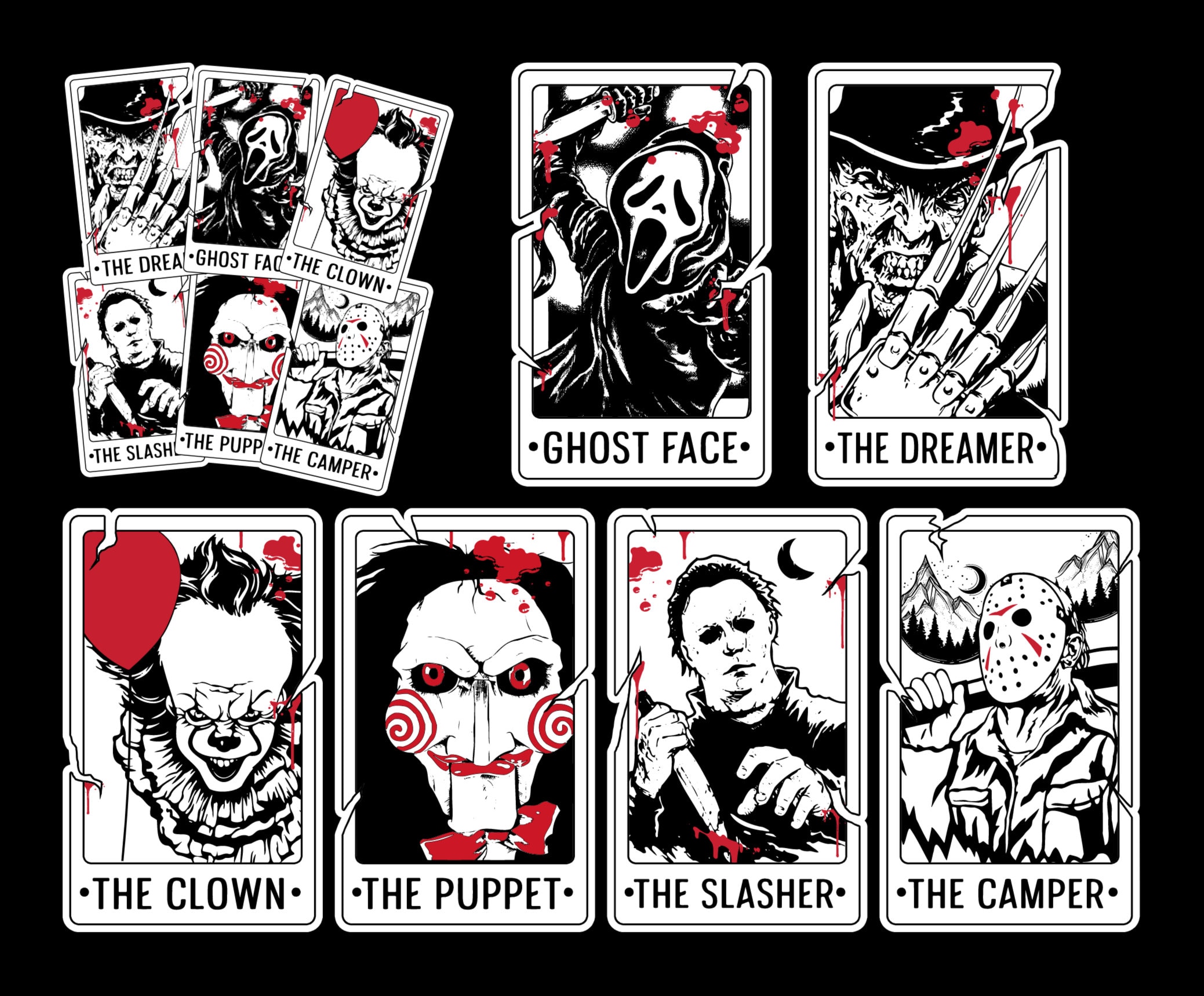 7 Horror Movie Character Tarot Card Stickers Approximately Etsy
