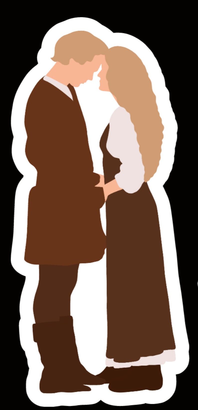 May include: A couple in brown clothing standing close together, looking at each other. The man is on the left and the woman is on the right. They are both wearing brown clothing and have blonde hair.