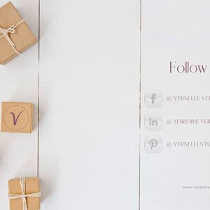 May include: A white wooden background with brown gift boxes. The boxes are tied with twine and have a letter "V" printed on them. The text "Follow Me" is printed in purple on the right side of the image. Social media icons for Facebook, LinkedIn, and Pinterest are shown with usernames for each platform. The text "www.vernellestudio.com" is printed at the bottom of the image.
