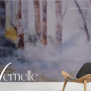 May include: A watercolor painting of a foggy forest with tall, thin trees. The painting is in shades of gray, white, and light blue. The text "Vernelle Studio" is in the bottom left corner of the painting.