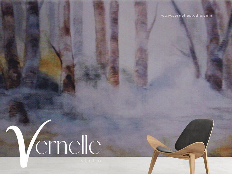 May include: A watercolor painting of a foggy forest with tall, thin trees. The painting is in shades of gray, white, and light blue. The text "Vernelle Studio" is in the bottom left corner of the painting.