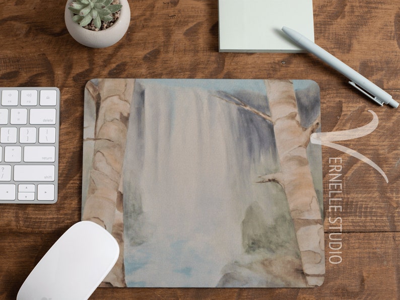 May include: A watercolor painting of a waterfall cascading down a cliff face, framed by two birch trees. The painting is done in shades of blue, green, and brown, with a soft, ethereal feel.