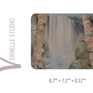 May include: Watercolor painting of a waterfall flowing between two birch trees. The painting is 8.7 inches by 7.1 inches and 0.12 inches thick.