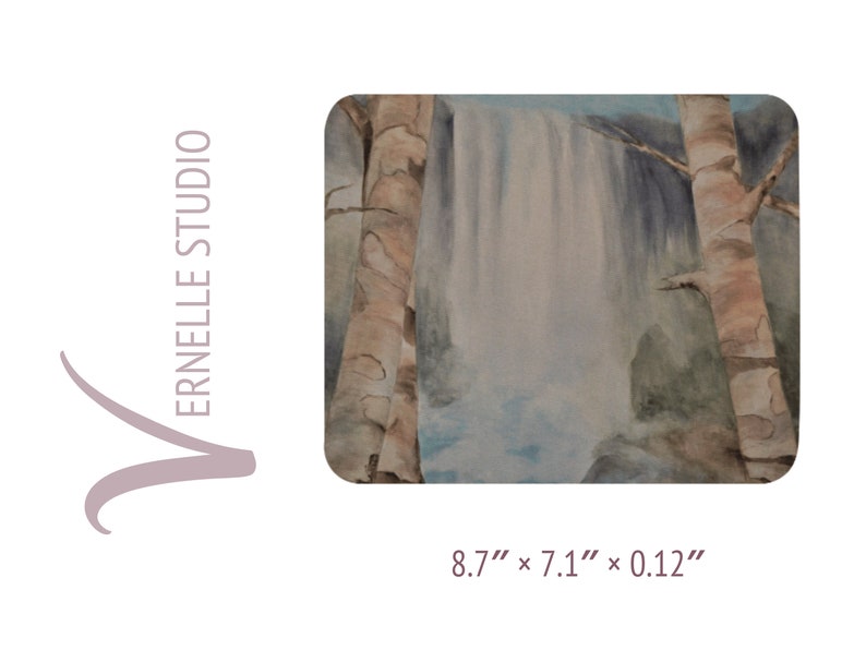 May include: Watercolor painting of a waterfall flowing between two birch trees. The painting is 8.7 inches by 7.1 inches and 0.12 inches thick.