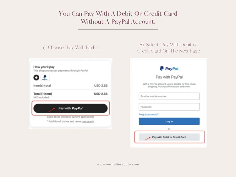 May include: Screenshot of a website showing two payment options: Pay with PayPal and Pay with Debit or Credit Card. The PayPal option shows a login screen with fields for email or mobile number, password, and a button to log in. The other option shows a button to pay with debit or credit card.
