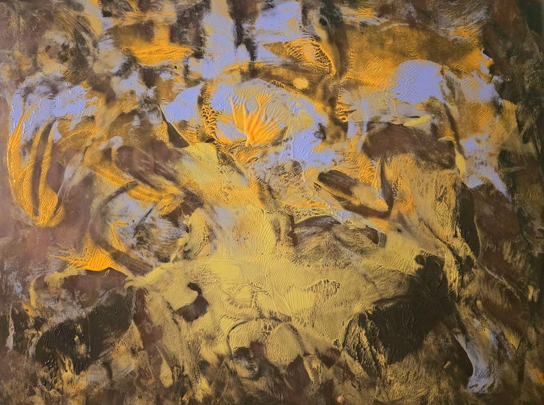 Puede incluir: Pintura abstracta con superficie texturizada. La obra presenta una mezcla de colores, incluyendo tonos marrones, amarillos y azul claro. Las pinceladas crean un efecto din&aacute;mico y en capas, con &aacute;reas de pintura gruesa y textura visible.