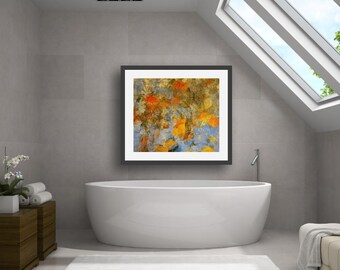 May include: A contemporary bathroom featuring a white oval bathtub, a white rug, and a framed abstract painting with orange, yellow, and blue tones. The room has grey tiled walls and a skylight.
