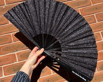 Abanico negro brillante con mango de bambú, estilo drag queen de festivales