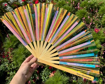 Iridescent Natural Bamboo Clack Fan: Festival Drag Queen Accessory
