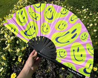 Acid Smiley Face Clack Fan: Bamboo Rave Festival Fan