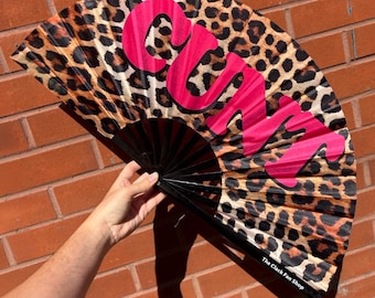 XL Leopard Print Cunt Fan: Black Bamboo Handle, Drag Queen Festival Accessory