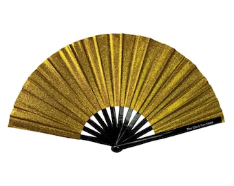 Gold Glitter Clack Fan: Bamboo Handle, Festival Drag Queen