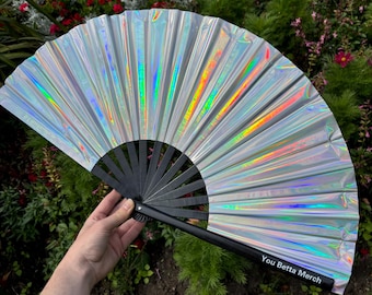 Silver Holographic Clack Fan: Bamboo Handle, Festival Drag Queen Fan