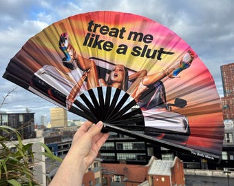 XL Treat Me Like A Slut Fan: Black Bamboo Handle, Drag Queen Festival Accessory