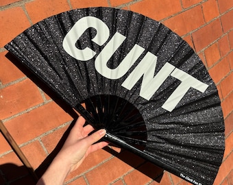 Black Glitter Cunt Clack Fan: Bamboo Handle, Festival Drag Queen
