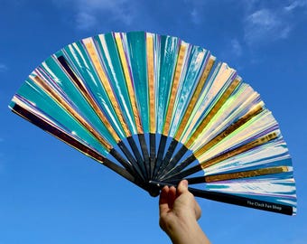 Iridescent Clack Fan (Black Bamboo Handle): Drag Queen Festival Accessory