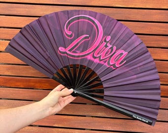 XL Pink Diva Fan: Black Bamboo Handle, Drag Queen Festival Accessory