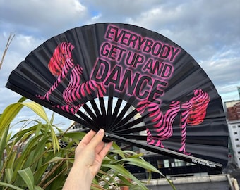 XL Everybody Dance Fan: Black Bamboo Handle, Drag Queen Festival Accessory