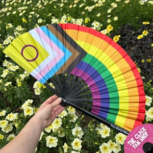 Progressive Pride Flag Clack Fan: Bamboo Handle, Festival Drag Queen