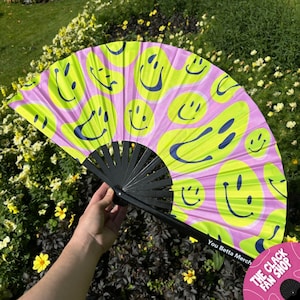 Acid Smiley Face Clack Fan: Bamboo Rave Festival Fan