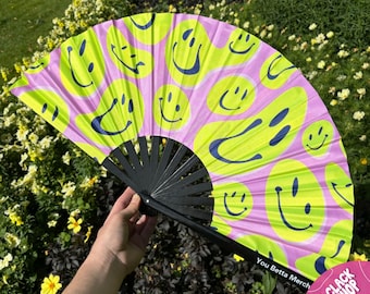 Acid Smiley Face Clack Fan: Bamboo Rave Festival Fan