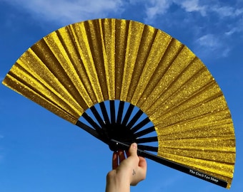 Gold Glitter Clack Fan: Bamboo Handle, Festival Drag Queen