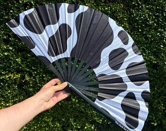 Cow Print Clack Fan: Bamboo Ribs, Festival Drag Queen Fan