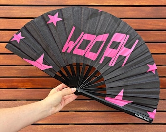 XL Kim Petras Woo Ah Fan: Black Bamboo Handle, Drag Queen Festival Accessory
