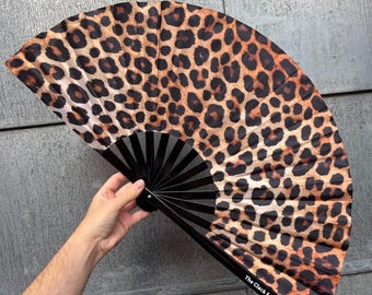 XL Leopard Print Clack Fan: Bamboo Handle, Drag Queen Accessory