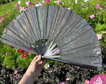 Reflective Swirls Clack Fan: Bamboo Drag Queen Festival Fan