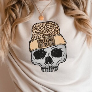 Freezing to Death Skeleton Graphic Pullover, Winter Sweatshirt, Womens Holiday Apparel, Funny Christmas Party Crewneck, Leopard Print Beanie